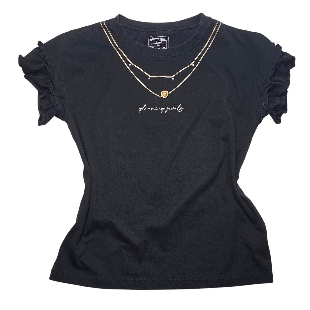 Global Work Girls Black Ruffle Sleeve Trompe Loeil Necklace T-Shirt Size 140